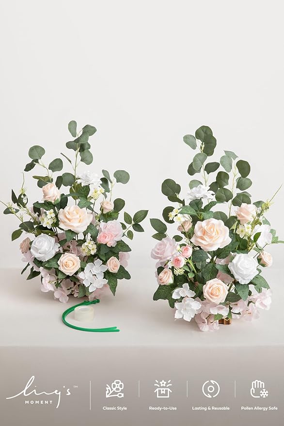 Ling's moment 17.5" Tall Free Standing Artificial Flowers Arrangements 2 pcs Wedding Aisle Runner Chair Decorations Blush & Cream Centerpieces for Ceremony Reception Rose Floral Floor Party Outdoor