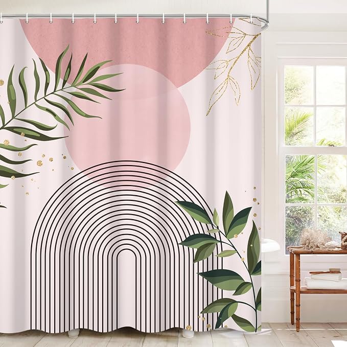Boho Mid Century Shower Curtain, Pink Modern Minimalist Abstract Geometric Green Gold Plant Leaves Sun Arch Bathroom Curtains Waterproof Fabric Buthtub Curtain Set with Hooks 36" Wx72 L