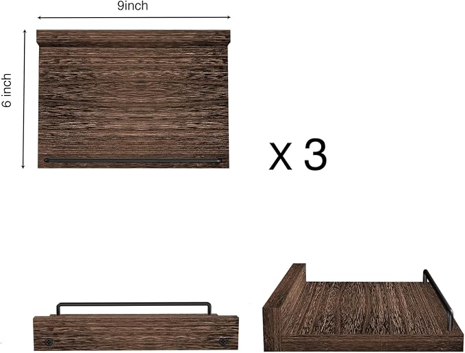 RYOFOBETTO Small Floating Shelf, 6 X 9 Inches Farmhouse Wall Shelves for Living Room, Bedroom, Picture Frames, Plants, Kitchen, Set of 3 (Brown)