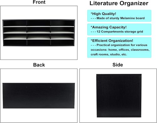 PAG Mail Sorter - Wood Countertop Literature Organizer with 12 Compartments | Black & White Design