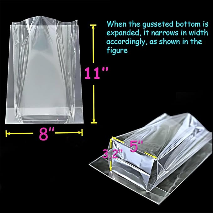 PigPotParty Cellophane Bags 8"x11", 100 Pack Clear Gift Bags, Bottom Gusset for Stand-Up Display, Plastic Cellophane Gift Wrap, Ideal for Mugs, Goodies, Treats, Party Favors, Includes Gold Ties