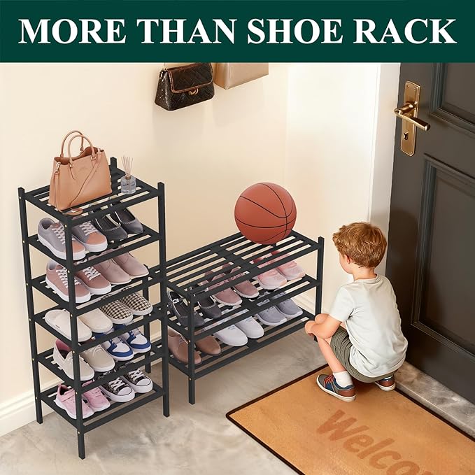 Smiry Small Bamboo Shoe Rack 4-Tier, Stackable Wooden Shoe Organizer for Entryway & Closet, Free Standing Wood Shoe Storage Shelf for Front Door & Small Spaces, Black