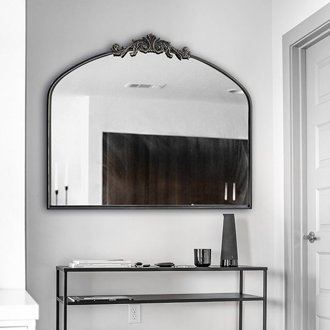 OUSHUAI Black Arched Mirror for Wall,Baroque Fireplace Mirror Decor,Brass Wall Mirror,Ornate Mirrors for Entryway/Bathroom/Living Room/Hallway 36"X30" …