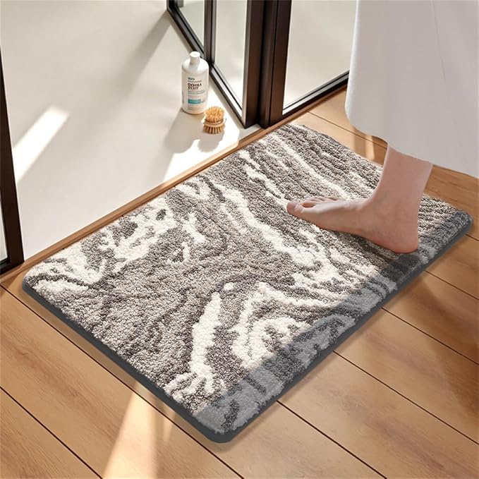 Ankah Luxurious Nordic Bathroom Rug, Extra Soft Fluffy Bath Mat, Absorbent, Non-Slip, Easy to Care and Fast Drying, Modern Style Marble Pattern Shower Rug, Home Decor Accessories, 17.3"x29.9", Gray