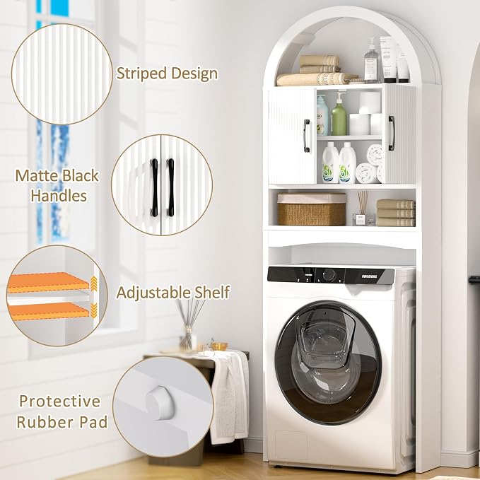 Spurgehom Over The Toilet Storage Cabinet, Bathroom Shelf Organizer Freestanding, Bathroom Arch Cabinet Over Toilet with Toilet Paper Holder and Anti-Tipping Device (Narrow Style-White)