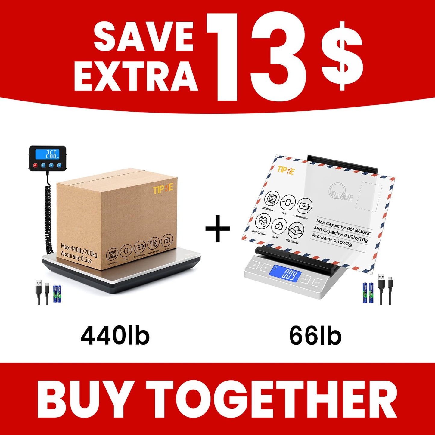 TIPRE Digital Shipping Postal Scale - 440lb Capacity | Accurate 0.5oz Commercial Weight Scale for Home & Business
