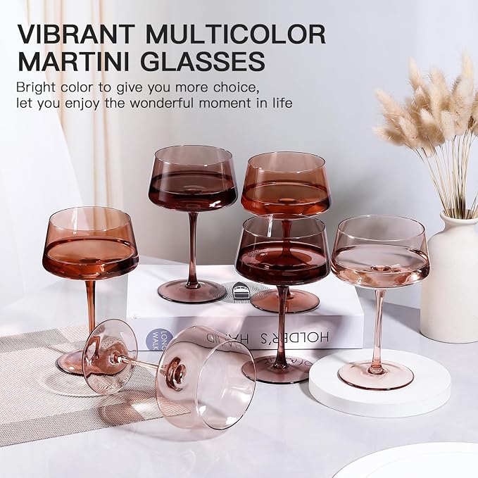 JOVGANK Amber Coupe Glasses Set of 6, Hand Blown Brown Martini Glasses 13Oz, Champagne & Cocktail Luxury Coupe Glasses, Bar Manhattan Glass, Mother's Day Gift for Espresso Martini Glass