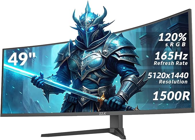 ZZA 49-Inch Ultra-Wide DQHD Curved Gaming Monitor | 5120x1440, 1500R, 165Hz, AMD FreeSync, 120% sRGB, Height Adjustable, HDMI 2.1/DP 1.4 Wall Mountable- Black