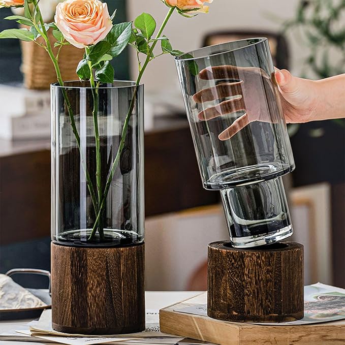 Wooden Vase, Glass Vase with Wooden Base Cylindrical Flower Vase, Classic Boho Rustic Style for Fireplace Bedroom Kitchen Living Room Centerpieces Office Desk, 10" H (Glossy)