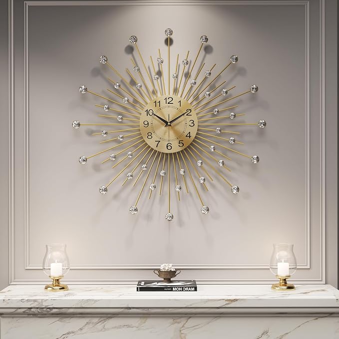 Cuspin 24 Inch Gold Wall Clock, Decorative Crystal Sunburst Mid Century Modern Clocks for Living Room Decor, Luxury Battery Operated Metal Clock Silent Non Ticking for Home Ddecor