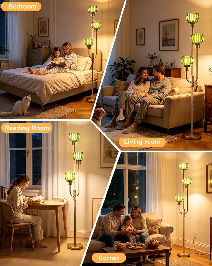 Lightdot 3-Lights Modern Glass Floor Lamp Gold Dimmable Floor Lamps with 3000K Warm White Bulbs for Wedding Party 66IN Tall Standing Lamp with Green Glass Shade for Living Room/Bedroom/Home Decor