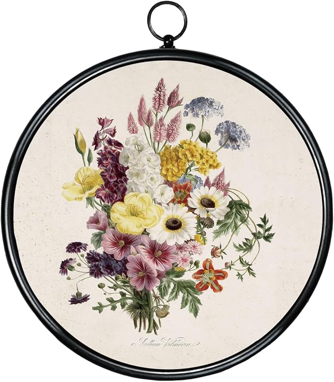 XIAOAIKA Round Vintage Wall Hanging Decor, Printed Textured Surface with Wood Back, Flower Bouquet Design, Black Metal Frame, Ready to Hang for Living Room Bedroom, 10 Inch