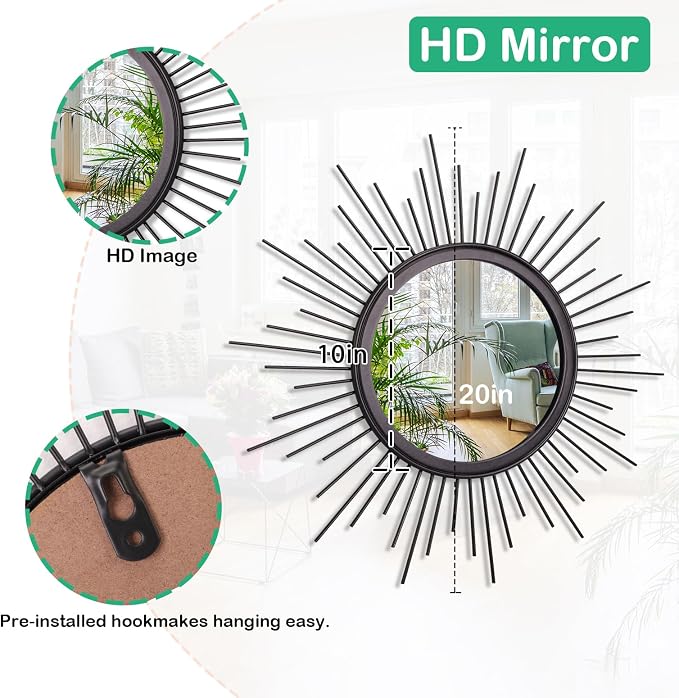 Large Sunburst Wall Mirror Boho Home Decor Round Wall Art Mirror Modern Metal Hanging Mirror Bathroom Bedroom Hallway Balcony Vanity Living Room Entryway Black 20"