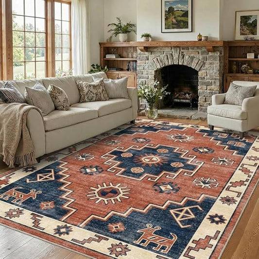 5x7 Area Rug Vintage Tribal Persian Rug with Non Slip Backing, Washable Low Pile Terracotta Red Navy Blue Carpet for Bedroom, Living Room, Dining Room, Home Office, Farmhouse