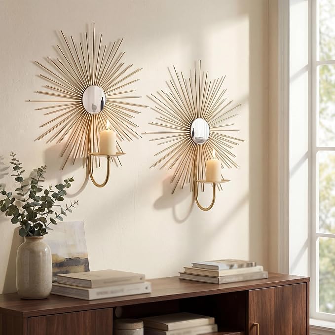 2 Set Candle Sconces Wall Decor for Living Room Metal Sunburst Mirrored Modern Gold Wall-Mounted Candle Holder Sconces Hanging Mounted Fireplace Farmhouse Wedding