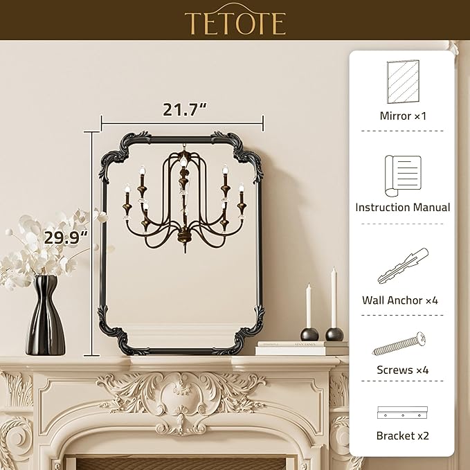 TETOTE Vintage Baroque Black Rectangle Mirror for Wall 22 x 30 Antique Scroll Frame French Mantle Mirror for Fireplace Bathroom Living Room Bedroom Decor, Horizontal/Vertical
