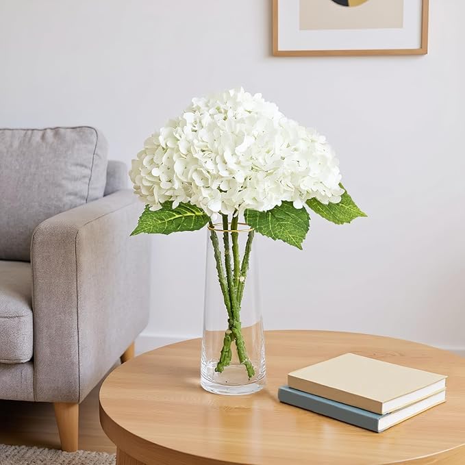 3pcs Hydrangea Artificial Flowers, 21" Real Touch Silk Faux Hydrangeas Flowers Lifelike Fake Hydrangea for Wedding Bouquets,Home Decor&Party Centerpieces (White)