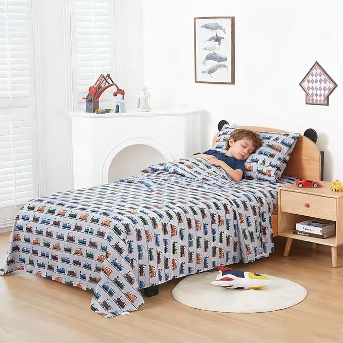 Viviland 3 Pieces Boys Grey Twin Sheet Set - Soft Microfiber Fitted Flat Sheets & Pillowcase - Retro Train Print Bedding Sets - for Kids & Toddlers