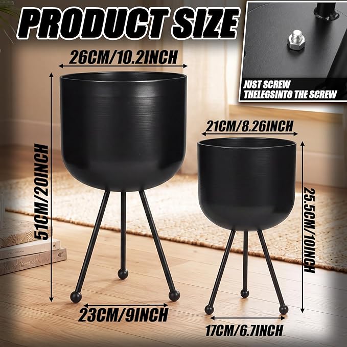 Frienda 2 Pack Mid Century Modern Decor Mid Century Modern Planter Metal Flowerpot with Stands Stylish Floor-Standing Flowerpot for Boho Home Office Indoor Outdoor Decor 20", 18" h (Black)