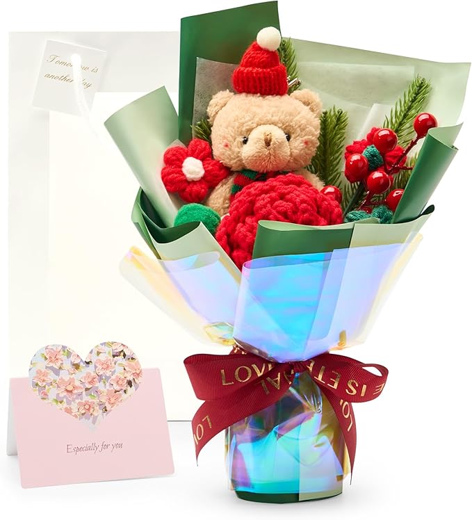 Christmas Crochet Flower Bouquet, Handmade Knitted Flowers with Rose Holly, for Lover Mother Women Family Friends, Lasting Holiday Home Decor
