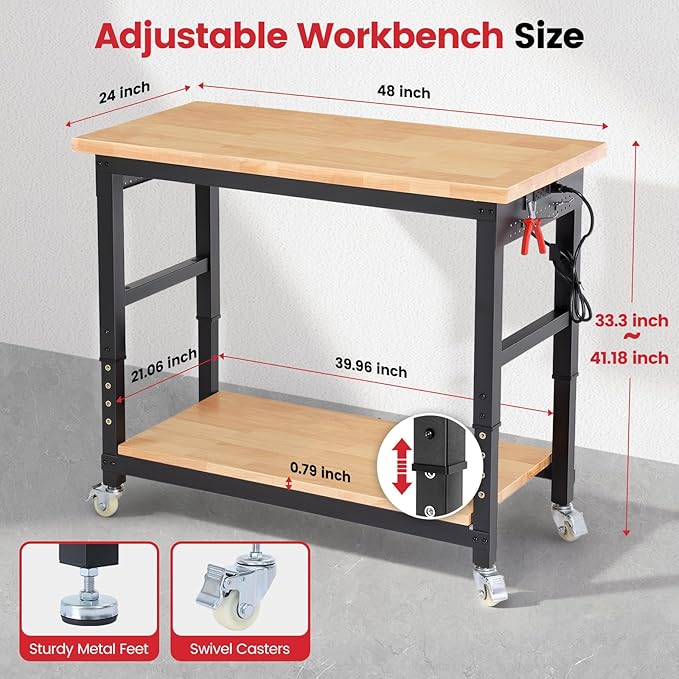 Workbench with Wheels 48 Inch Adjustable Height Work Table with Under Table Shelf, Pegboard, Power Outlets Work Bench for Garage, Home, Office, Workshop