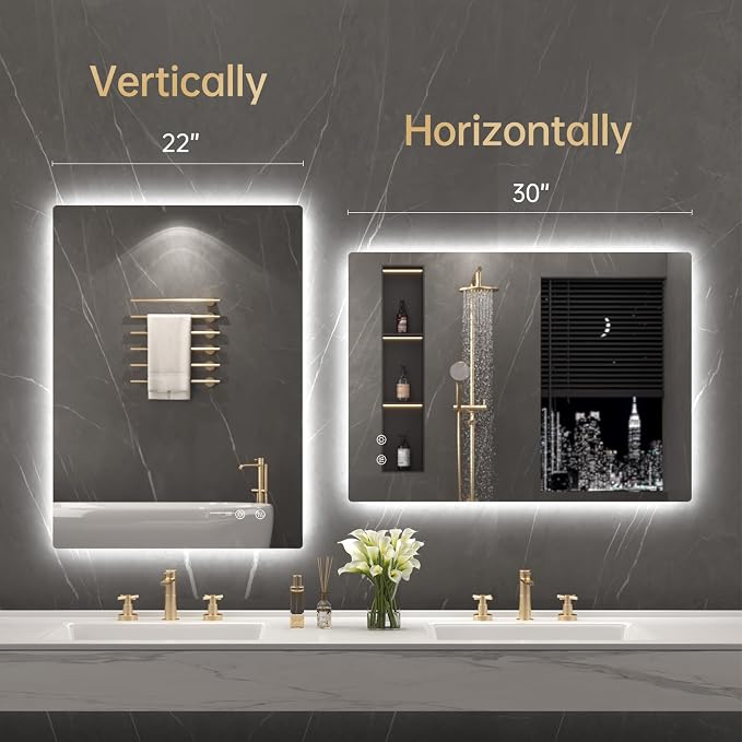 LOVESPEJO 22"x30" Backlit Mirror Bathroom, Lighted Bathroom Mirror with Lights, Fogless, Dimmable, 3 Color Changing, Shatterproof, Horizontal/Vertical（no Motion Sensor）