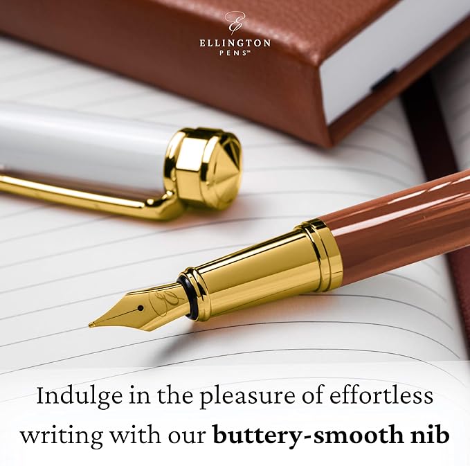 Ellington Pens Luxury Fountain Pen Set - Smooth Medium Nib - Includes 3 Ink Cartridges, Refillable Ink Converter, Gift Box - Fountain Pens For Writing, Calligraphy, Journaling, Sketching (Ivory Suede)