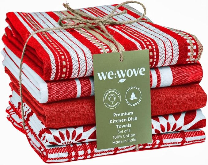 WeWove Assorted Kitchen Towels Set of 5-100% Cotton Dish Cloths Towels with Hanging Loop - Soft Absorbent Washable Reusable for Kitchen Use - Quick Drying 16x26 inch Dish Towels Red