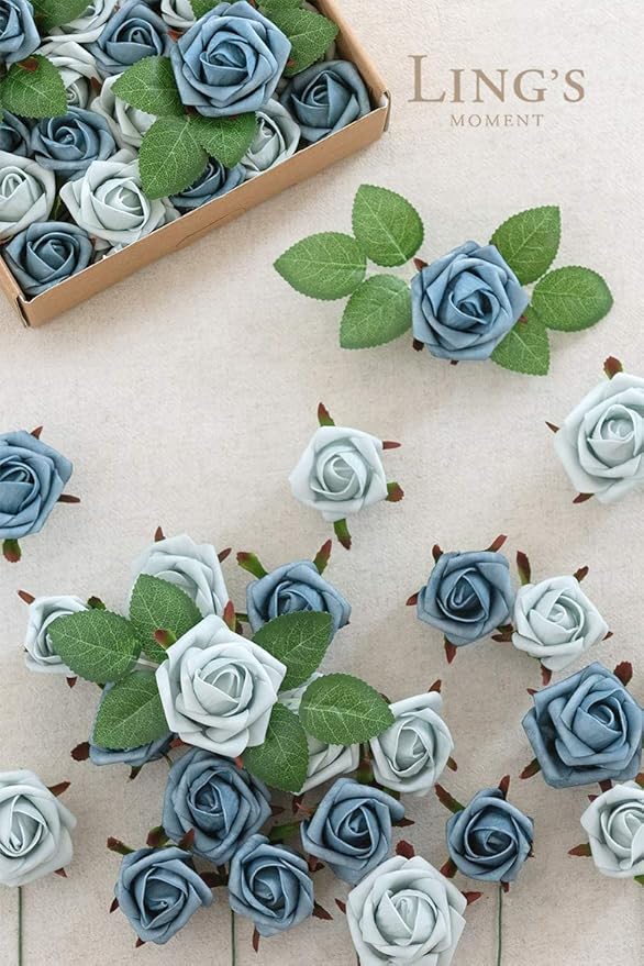 Ling's moment Artificial Rose Buds and Petite Roses w/Stem Pack of 25 for DIY Wedding Bouquets Centerpieces Decorations Boutonniere Corsages (Dusty Blue Shades)