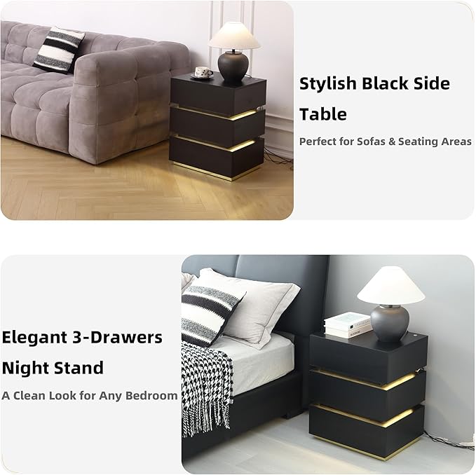 Black Nightstand, LED Bedside Table with 3 Storage Drawers, Modern End Table with Charging Ports & Outlets, Bedside Tables for Living Room/Bedroom