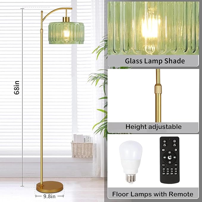 QIYIZM Glass Floor Lamp for Living Room,Bedroom,Gold Dimmable Standing Lamp with Remote,Mid Century Modern Brass Tall Lamp Boho Vintage Retro Floor Lamps Arc Green Flower Floor Light Lamp Bohemian