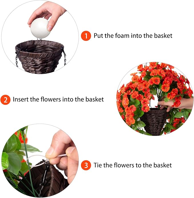HyeFlora Artificial Fake Hanging Flowers Plants Baskets for Outdoor Decoration, Faux Silk Orange Morning Glory in Planter UV Resistant Look Real for Home Porch Patio Balcony Yard Decor