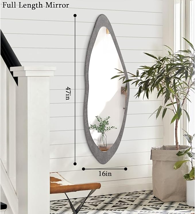 AAZZKANG Wood Mirror Full Length Irregular Large 47"x16" Asymmetrical Full Body Mirrors for Bedroom Living Room Entryway Dressing Room Gray