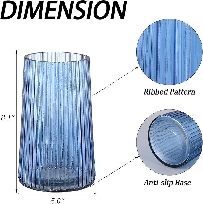Blue Glass Vase for Flower, Flower Vase for Bouquet, Modern Glass Vases, Ribbed Vases for Living Room, Bedroom, Dining Table, Office, Wedding, Centerpieces, 8 Inches