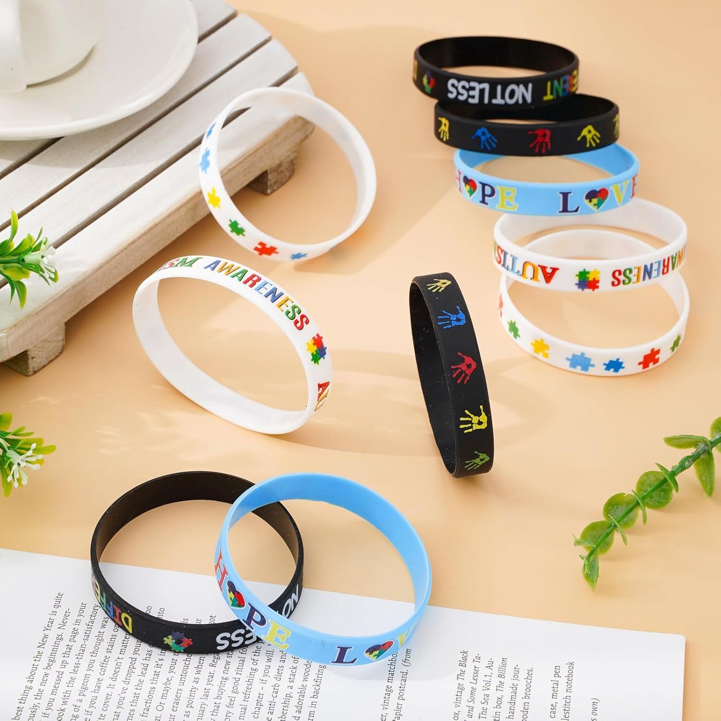 Whaline Autism Awareness Bracelets - 50Pcs Colorful Inspirational Silicone Wristbands | Motivational Stretchy Designs for Autistic Pride Day Gifts