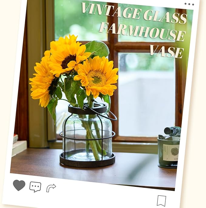 Vintage Farmhouse Lantern Decor LED Lighted Vase, Rustic Glass Vase with Artificial Flowers 4pcs Lavenders & Eucalyptus, Farmhouse Table Centerpiece for Floral Arrangements-Hidden Switch Lid