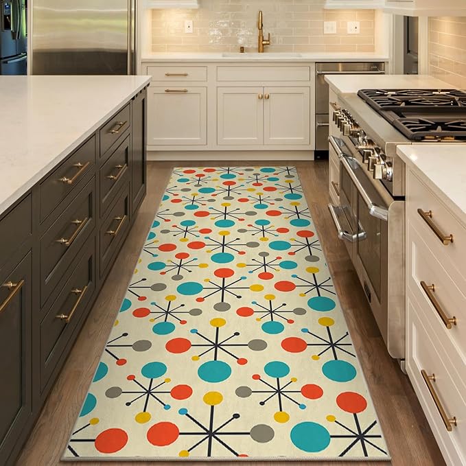 Retro Runner Rug for Hallways, Mid Century Modern Kitchen Runner Rugs Non Slip 2'x 6', Washable Yellow Rug Runner with Rubber Backing, Soft Carpet Runner for Hallways Kitchen Laundry Bedroom Bathroom