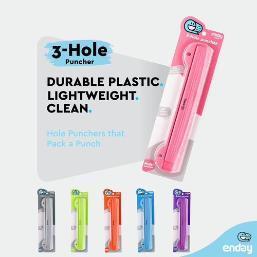 Enday 3-Hole Punch - Portable Binder Puncher with Removable Chip Tray | 3 Sheets Capacity, Pink