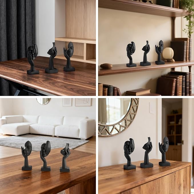3 Pcs Thinker Small Statue Set - Black Art Abstract Decor, Modern Living Room Decoration, Knick Knacks for Shelves, Table Decor, Office Bookshelf, Shelf Side, Gift for Friends