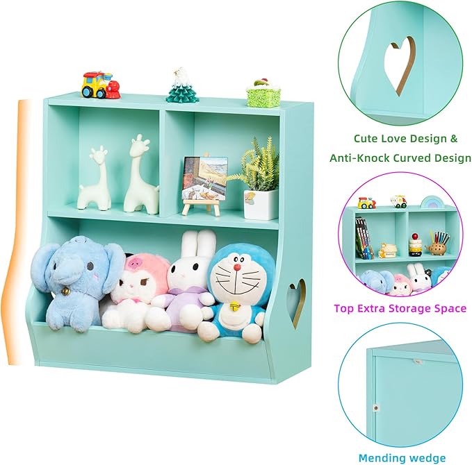 Lerliuo Baby Toddler Bookshelf and Storage Organizer, Kids Cabinet and Bookcase, Wooden 3 Cubby Children Book Shelf for Playroom, Bedroom, Nursery, School 23.62'' H (Green)