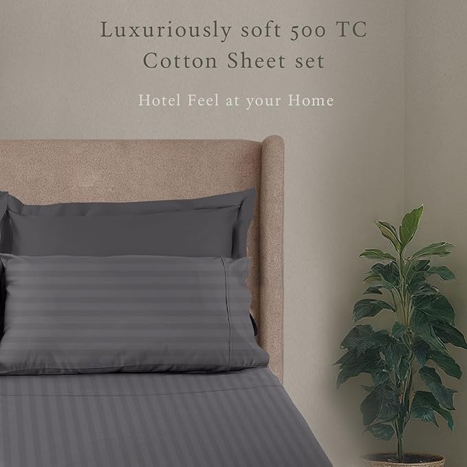 Threadmill 500 Thread Count Twin Size Damask Stripe, 3 Pc Luxury Cotton Bedding Set, Breathable & Silky Soft Dark Grey Sheets with 15" Elasticized Deep Pocket, 1 Pillowcase & Free Tote Bag