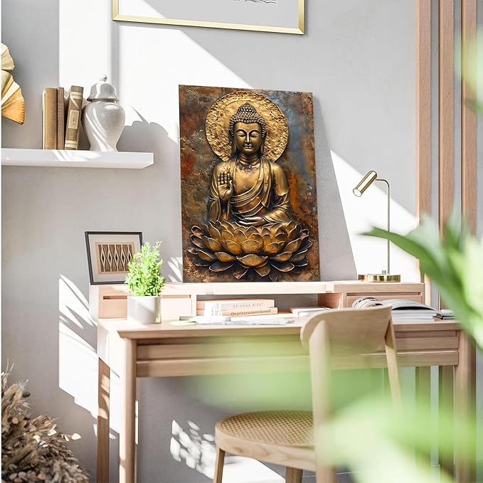 Buddha Wall Art Golden Buddha in Lotus Seat Serene spiritual statue radiant aura Meditation and mindfulness wall art suitable for sacred spaces 8x12in Wood Framed