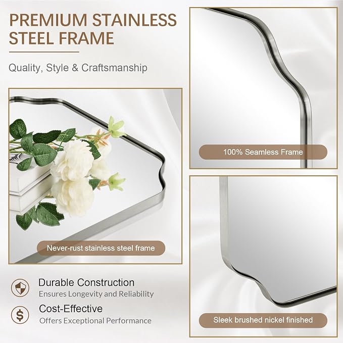 ANDY STAR 30x48 Inch Brushed Nickel Mirror, Large Silver Rectangle Mirror, Unique Scalloped Edge Design with Anti-Rust Stainless Steel Metal 1’’ Frame, Wall Mounts Vertically or Horizontally