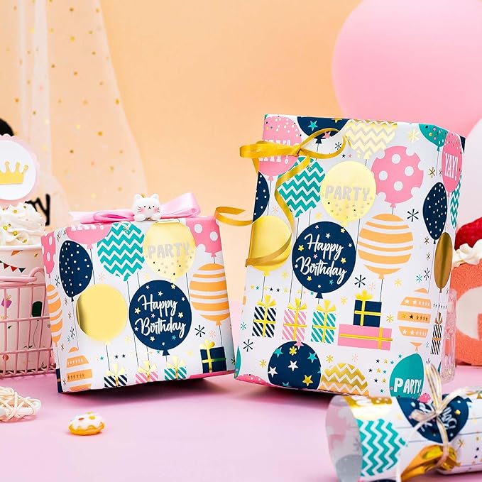 Homeral Birthday Wrapping Paper Roll - Cute Colorful Balloon with Gold Foil Metallic Shine Gift Wrap Paper for Birthday, Baby Shower, Party - Mini Roll - 17 Inch x 33 Feet