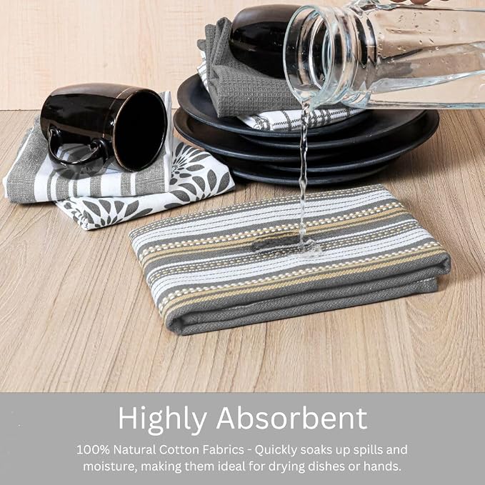 WeWove Assorted Kitchen Towels Set of 5-100% Cotton Dish Cloths Towels with Hanging Loop - Soft Absorbent Washable Reusable for Kitchen Use - Quick Drying 16x26 inch Dish Towels Grey