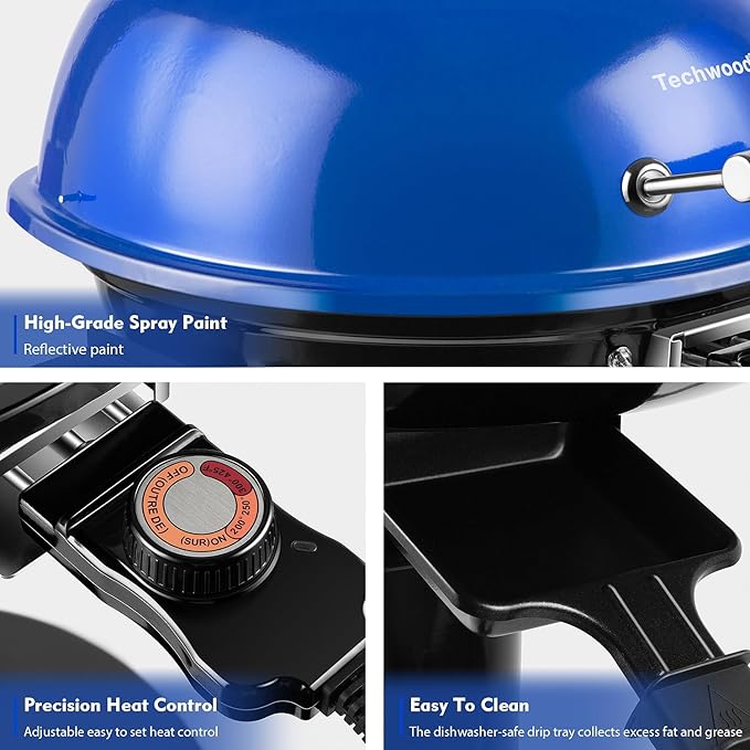 Electric Grill, Techwood Indoor/Outdoor Electric BBQ Grill, 1600W Portable Removable Stand Grill with Adjustable Heat & Drip Tray, Double Layer Design for Party, Patio & Backyard (Blue)