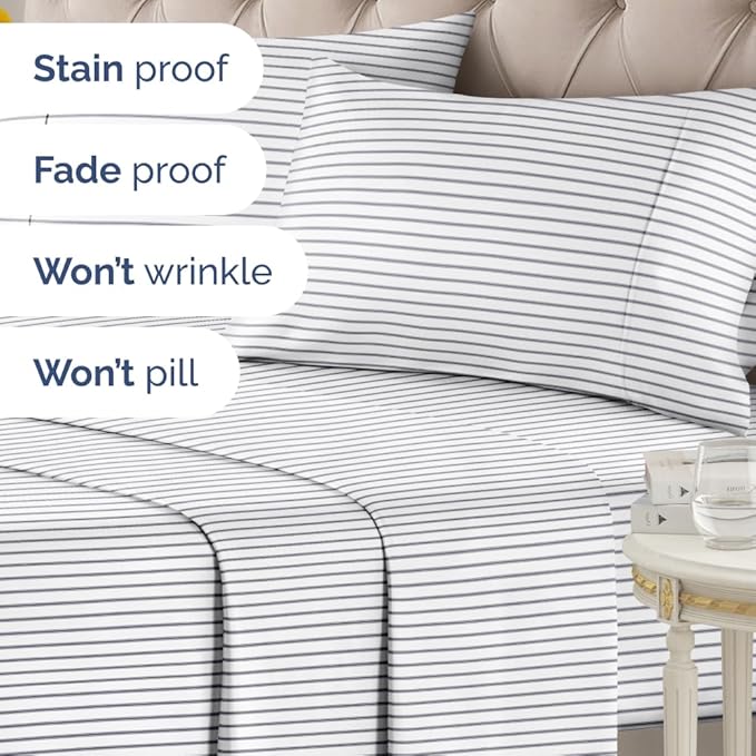 Blue and White Striped Sheets - 1 Flat & 1 Fitted Sheet & 2 Pillowcases w/ Deep Pockets - Cozy, Wrinkle & Fade Resistant - Ultra-Soft, Breathable & Cooling - Luxury Pinstripe Bedding - Full Size