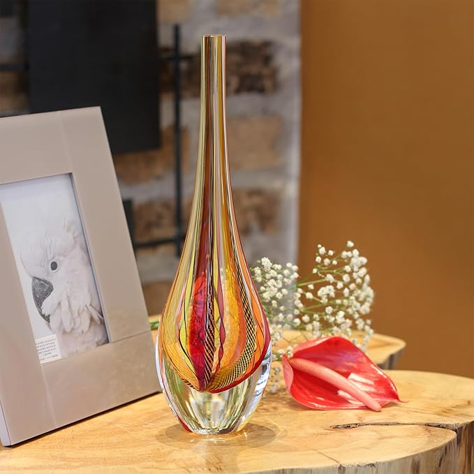 Ca D Oro Small Drop Glass Vase Boho with Red/Yellow Canes Hand Blown Murano-Style Art Glass - Model Tall