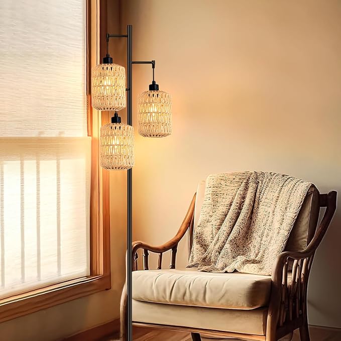 QIYIZM Floor Lamp for Living Room,Bedroom,3-Lights Boho Rattan Tree Floor Lights,Industrial Black Farmhouse Standing Lamp Wicker Rustic Tall Lamp,Woven Bamboo LampShade Floor Lamps Bohemian