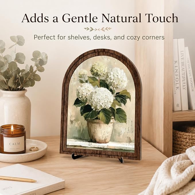Tabletop Decor White Hydrangea Sign, Arched Wooden Frame with Stand, Flower Home Retro Decorations, Farmhouse Floral Decor, Rustic Potted Flower Art for Living Room Bedroom